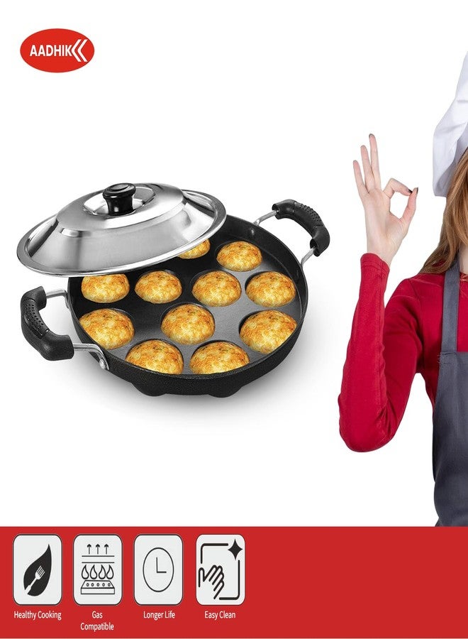 AADHIK Appam Pan with Lid 12 Cavity Appam Patra Non Stick Aluminium Appam Maker with Stainless Steel Lid, Kichen Essential Cooking Pan (Pack of 1,Black) - Image 4